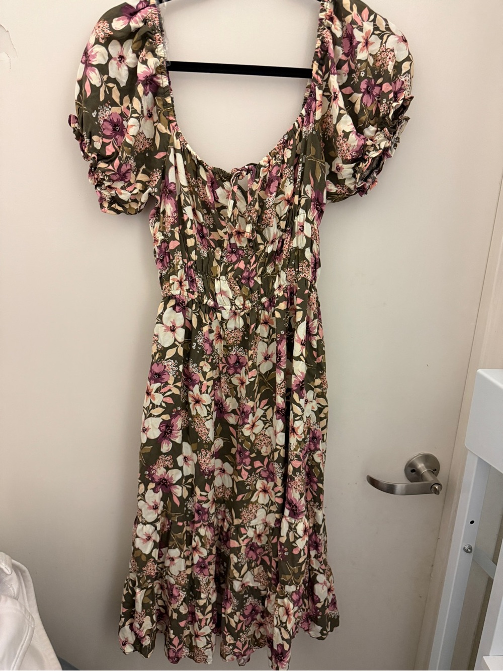 liberty Olive Floral Puff-Sleeve Midi Dress with Pink & Cream Blossoms